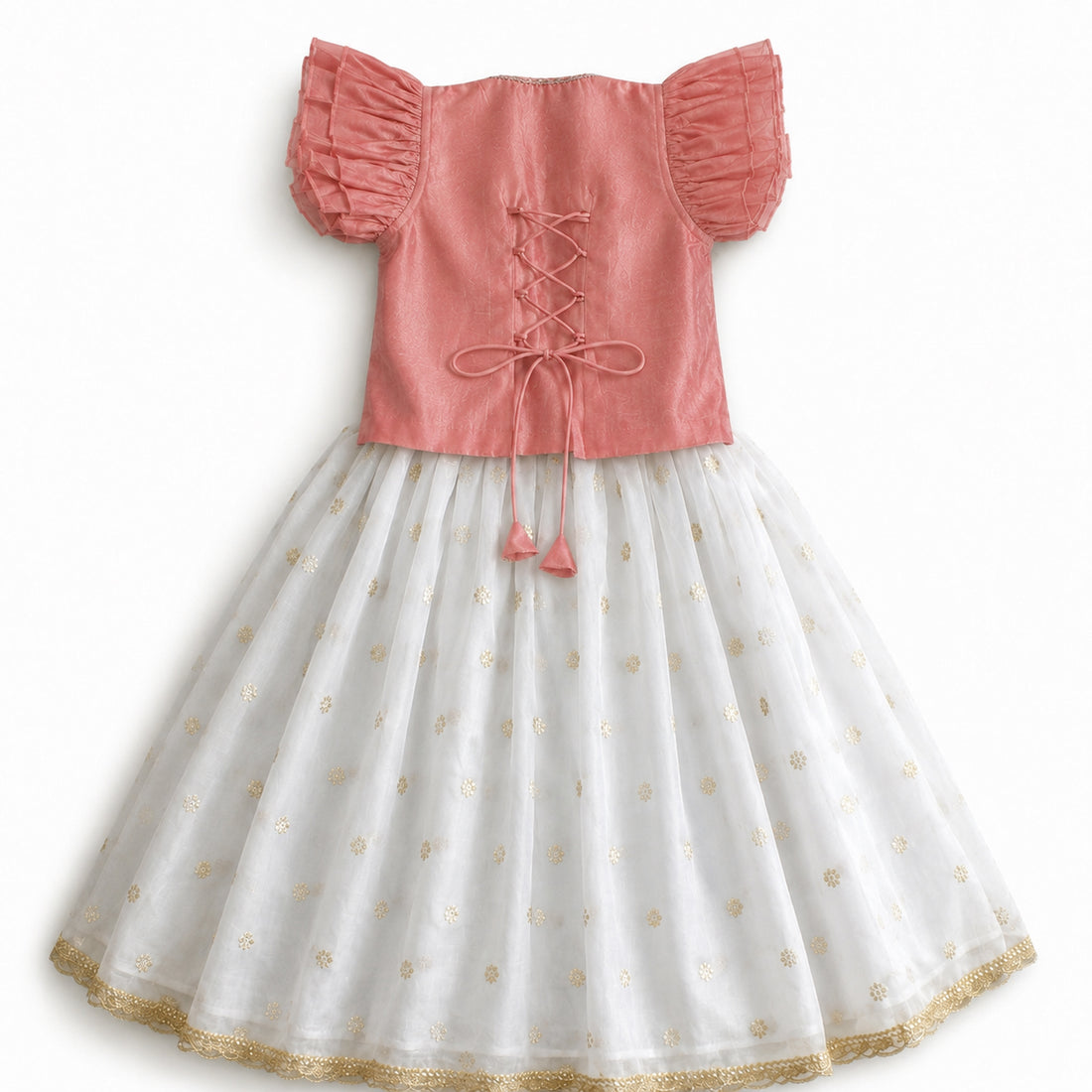 Gilheri x Tyohaar | Rose Pink & White Chandheri-Organza Ruffle Sleeve Lehenga Set