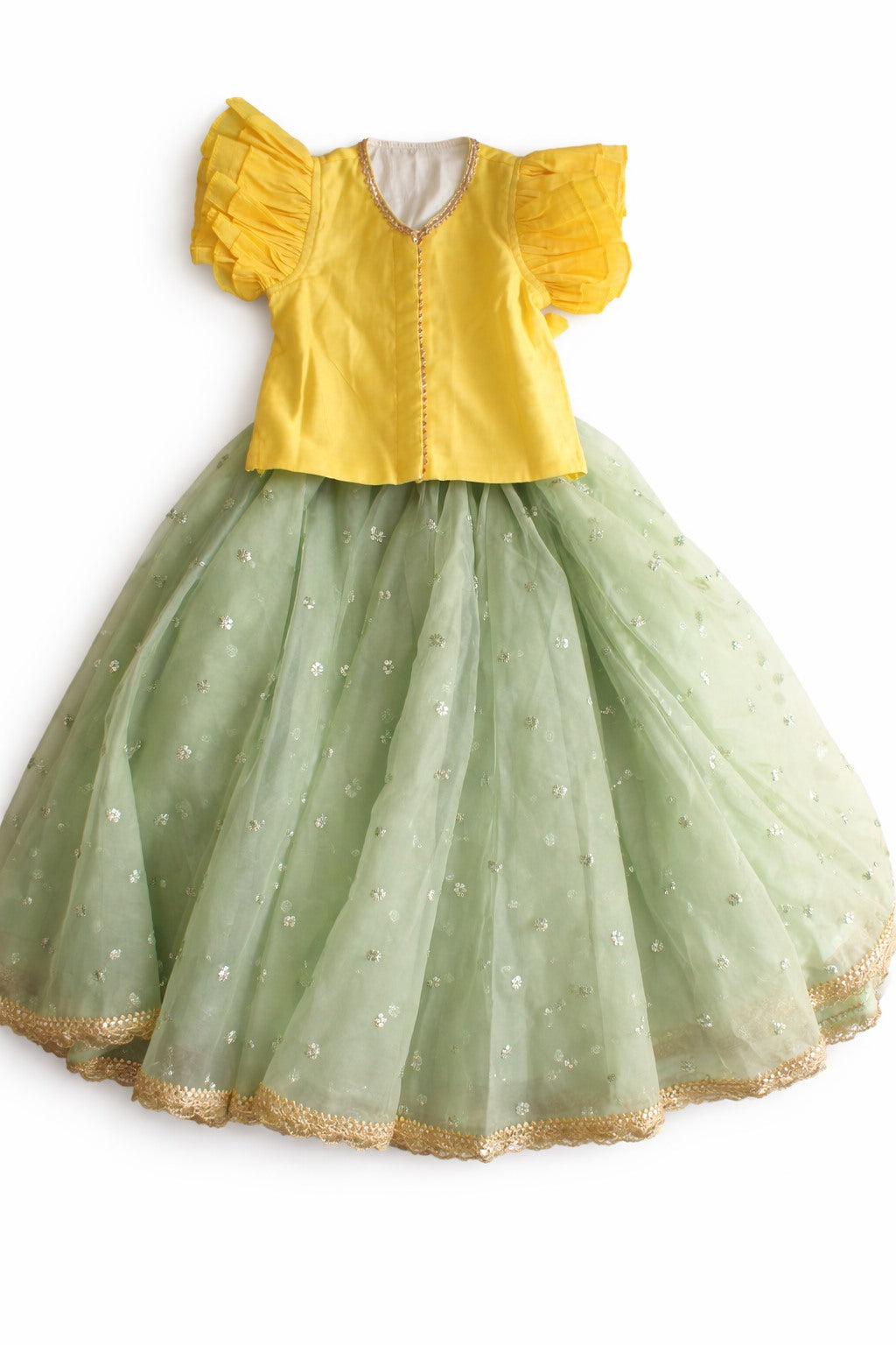 Gilheri x Tyohaar | Yellow & Green Chandheri-Organza Ruffle Sleeve Lehenga Set