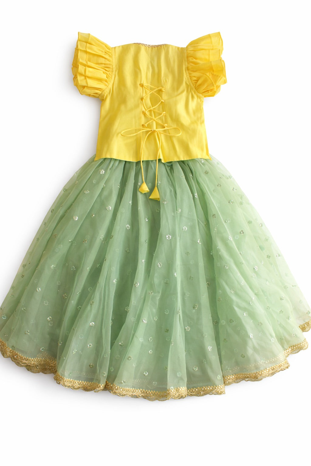 Gilheri x Tyohaar | Yellow & Green Chandheri-Organza Ruffle Sleeve Lehenga Set