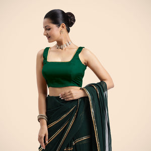  Tanvi x Tyohaar | Bottle Green Sleeveless FlexiFit™ Saree Blouse with Square Front Neck and Deep Back with Dori and Gota Embellishment_2