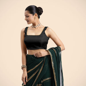  Tanvi x Tyohaar | Charcoal Black Sleeveless FlexiFit™ Saree Blouse with Square Front Neck and Deep Back with Dori and Gota Embellishment_2