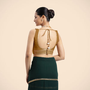 Tanvi x Tyohaar | Bronze Gold Sleeveless FlexiFit™ Saree Blouse with Square Front Neck and Deep Back with Dori and Gota Embellishment