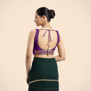 Tanvi x Tyohaar | Purple Sleeveless FlexiFit™ Saree Blouse with Square Front Neck and Deep Back with Dori and Gota Embellishment