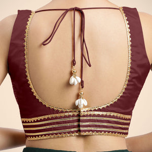  Tanvi x Tyohaar | Burgundy Sleeveless FlexiFit™ Saree Blouse with Square Front Neck and Deep Back with Dori and Gota Embellishment_6