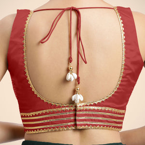  Tanvi x Tyohaar | Crimson Red Sleeveless FlexiFit™ Saree Blouse with Square Front Neck and Deep Back with Dori and Gota Embellishment_6