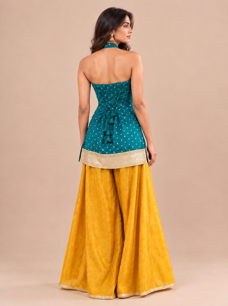 Dhyanvi | Sleeveless Royal Teal Viscose CinchFit™ Kurta Sharara Set