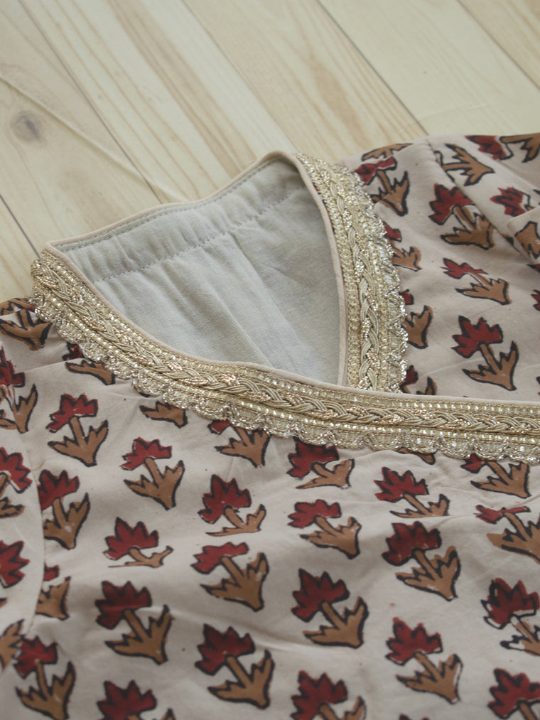 Tutu x Tyohaar | Angrakha-Sharara Set in Tulip Bloom Cream Block Print Cotton