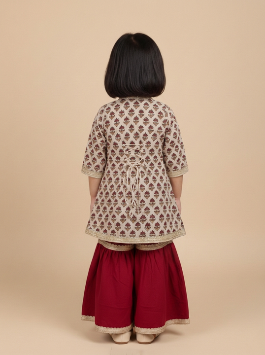 Tutu x Tyohaar | Angrakha-Sharara Set in Tulip Bloom Cream Block Print Cotton