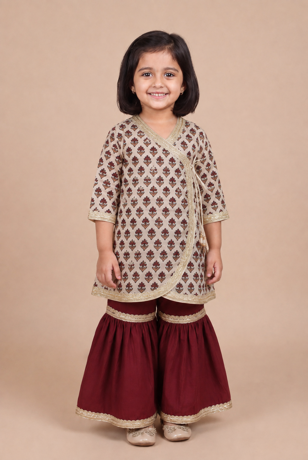 Tutu x Tyohaar | Angrakha-Sharara Set in Tulip Bloom Cream Block Print Cotton