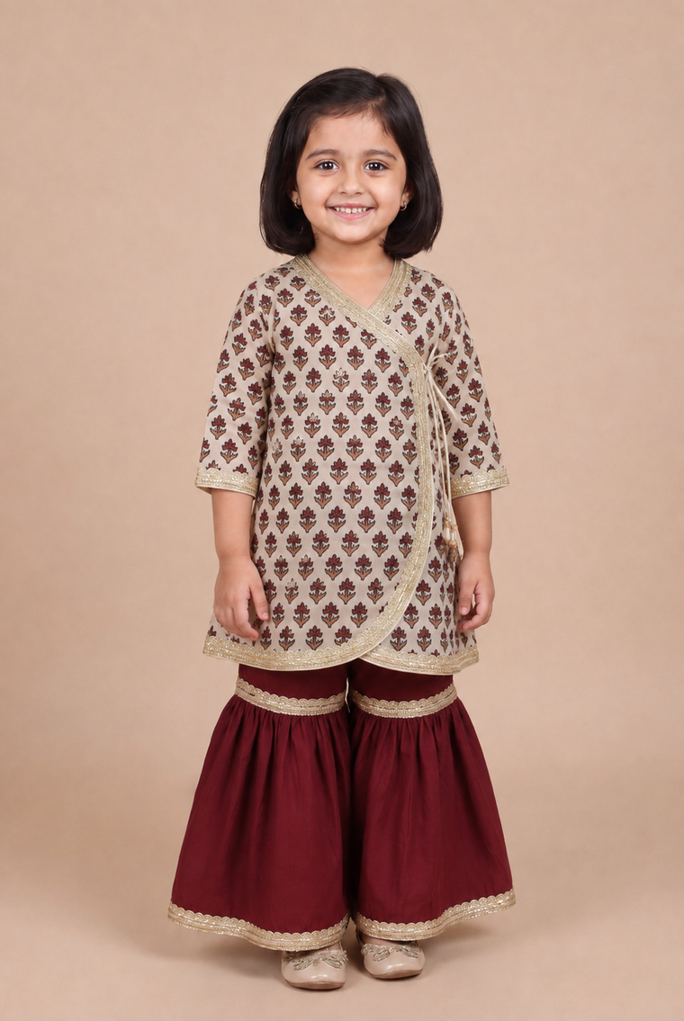 Tutu x Tyohaar | Angrakha-Sharara Set in Tulip Bloom Cream Block Print Cotton