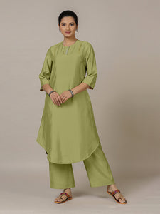 Urvi x Rozaana | A Line Kurta in Pista Green with Thread Work | Coords or Only Kurta