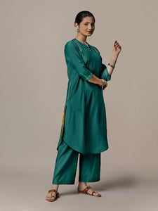 Urvi x Rozaana | A Line Kurta in Peacock Green with Thread Work | Coords or Only Kurta