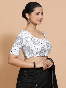 Usha x Rozaana | Elbow Sleeves Cotton Saree Blouse in White Warli Print Fabric