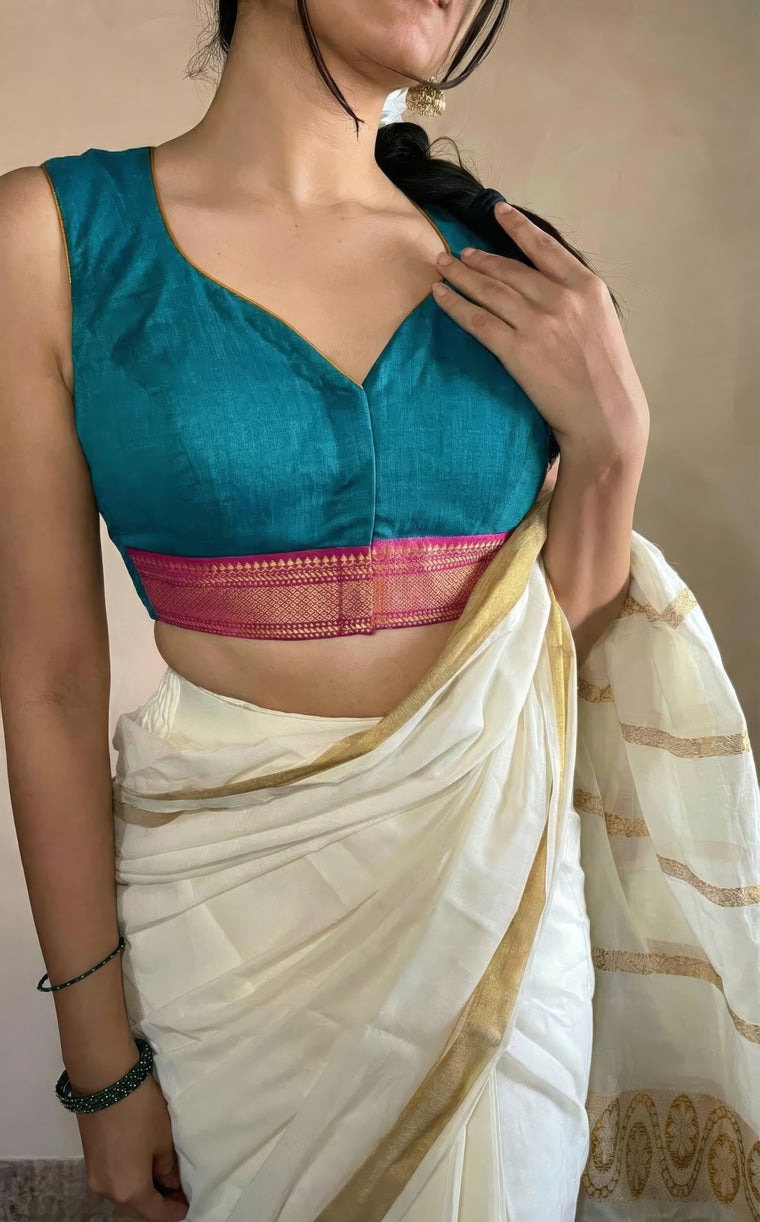 Kasavu-Kit Kasavu Saree with Varsha Sleeveless blouse in Cerulean Blue Mangalgiri