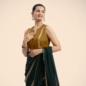  Veena x Tyohaar | Bronze Gold Sleeveless FlexiFit™ Saree Blouse with Front Open Closed Neckline with Slit and Gota Lace_5