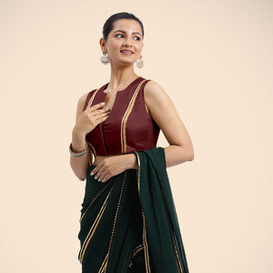  Veena x Tyohaar | Burgundy Sleeveless FlexiFit™ Saree Blouse with Front Open Closed Neckline with Slit and Gota Lace_5
