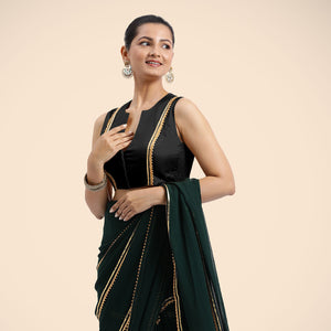  Veena x Tyohaar | Charcoal Black Sleeveless FlexiFit™ Saree Blouse with Front Open Closed Neckline with Slit and Gota Lace_5