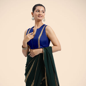  Veena x Tyohaar | Cobalt Blue Sleeveless FlexiFit™ Saree Blouse with Front Open Closed Neckline with Slit and Gota Lace_5