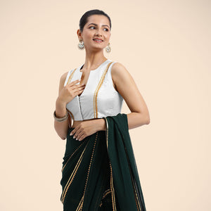  Veena x Tyohaar | Pearl White Sleeveless FlexiFit™ Saree Blouse with Front Open Closed Neckline with Slit and Gota Lace_6