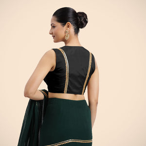  Veena x Tyohaar | Charcoal Black Sleeveless FlexiFit™ Saree Blouse with Front Open Closed Neckline with Slit and Gota Lace_2