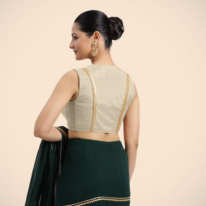  Veena x Tyohaar | Cream Sleeveless FlexiFit™ Saree Blouse with Front Open Closed Neckline with Slit and Gota Lace_3