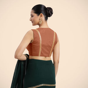 Veena x Tyohaar | Metallic Copper Sleeveless FlexiFit™ Saree Blouse with Front Open Closed Neckline with Slit and Gota Lace - Binks  