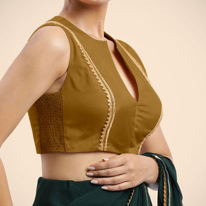  Veena x Tyohaar | Bronze Gold Sleeveless FlexiFit™ Saree Blouse with Front Open Closed Neckline with Slit and Gota Lace_3