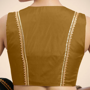 Veena x Tyohaar | Bronze Gold Sleeveless FlexiFit™ Saree Blouse with Front Open Closed Neckline with Slit and Gota Lace - Binks  