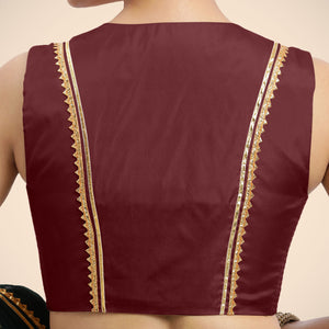  Veena x Tyohaar | Burgundy Sleeveless FlexiFit™ Saree Blouse with Front Open Closed Neckline with Slit and Gota Lace_4