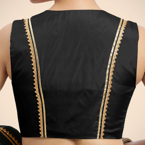 Veena x Tyohaar | Charcoal Black Sleeveless FlexiFit™ Saree Blouse with Front Open Closed Neckline with Slit and Gota Lace - Binks  