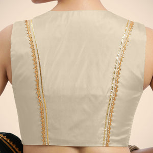  Veena x Tyohaar | Cream Sleeveless FlexiFit™ Saree Blouse with Front Open Closed Neckline with Slit and Gota Lace_5