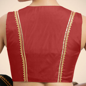  Veena x Tyohaar | Crimson Red Sleeveless FlexiFit™ Saree Blouse with Front Open Closed Neckline with Slit and Gota Lace_4