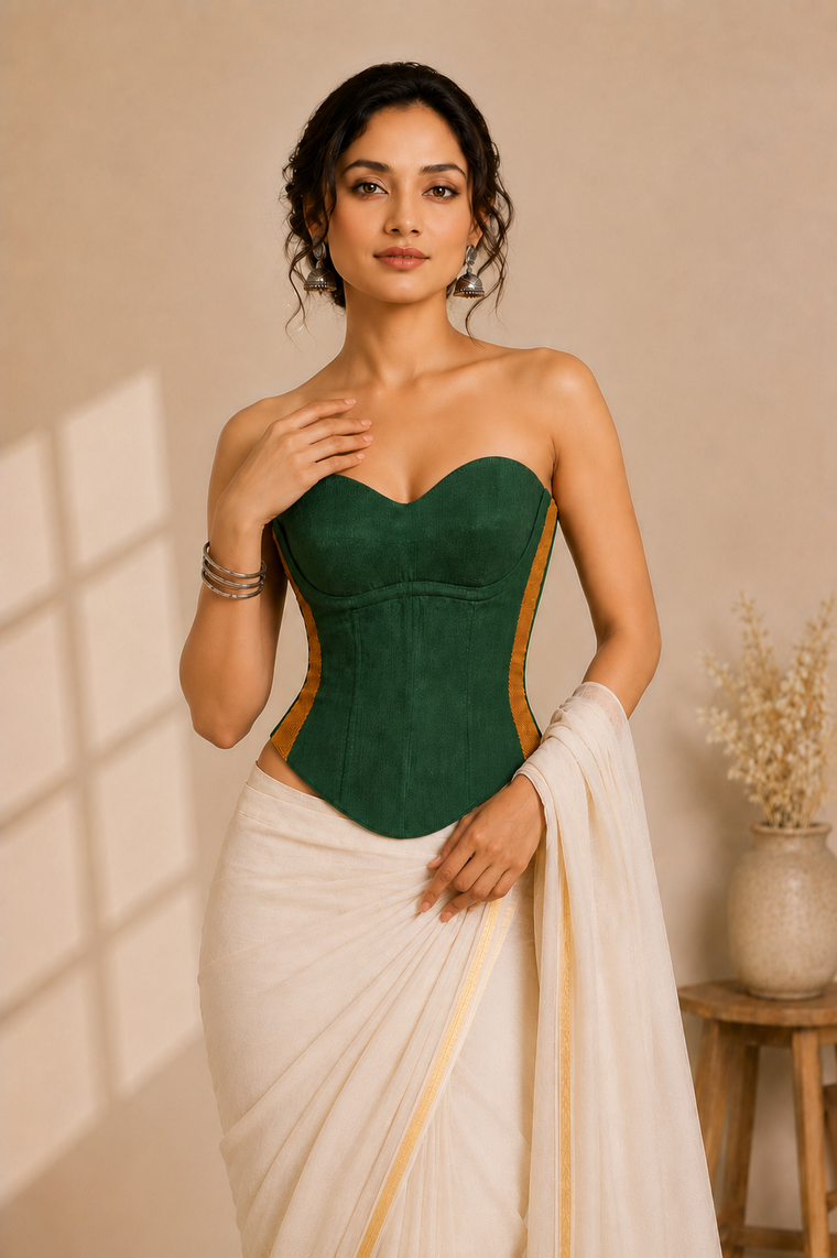 Vihana | Detachable Forest Green Mangalgiri Cinchfit™ Corset Top