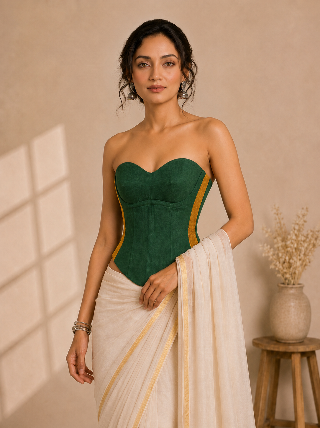 Vihana | Detachable Forest Green Mangalgiri Cinchfit™ Corset Top