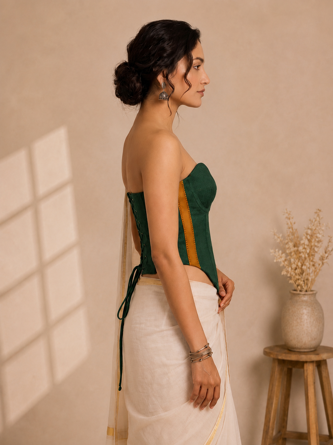 Vihana | Detachable Forest Green Mangalgiri Cinchfit™ Corset Top