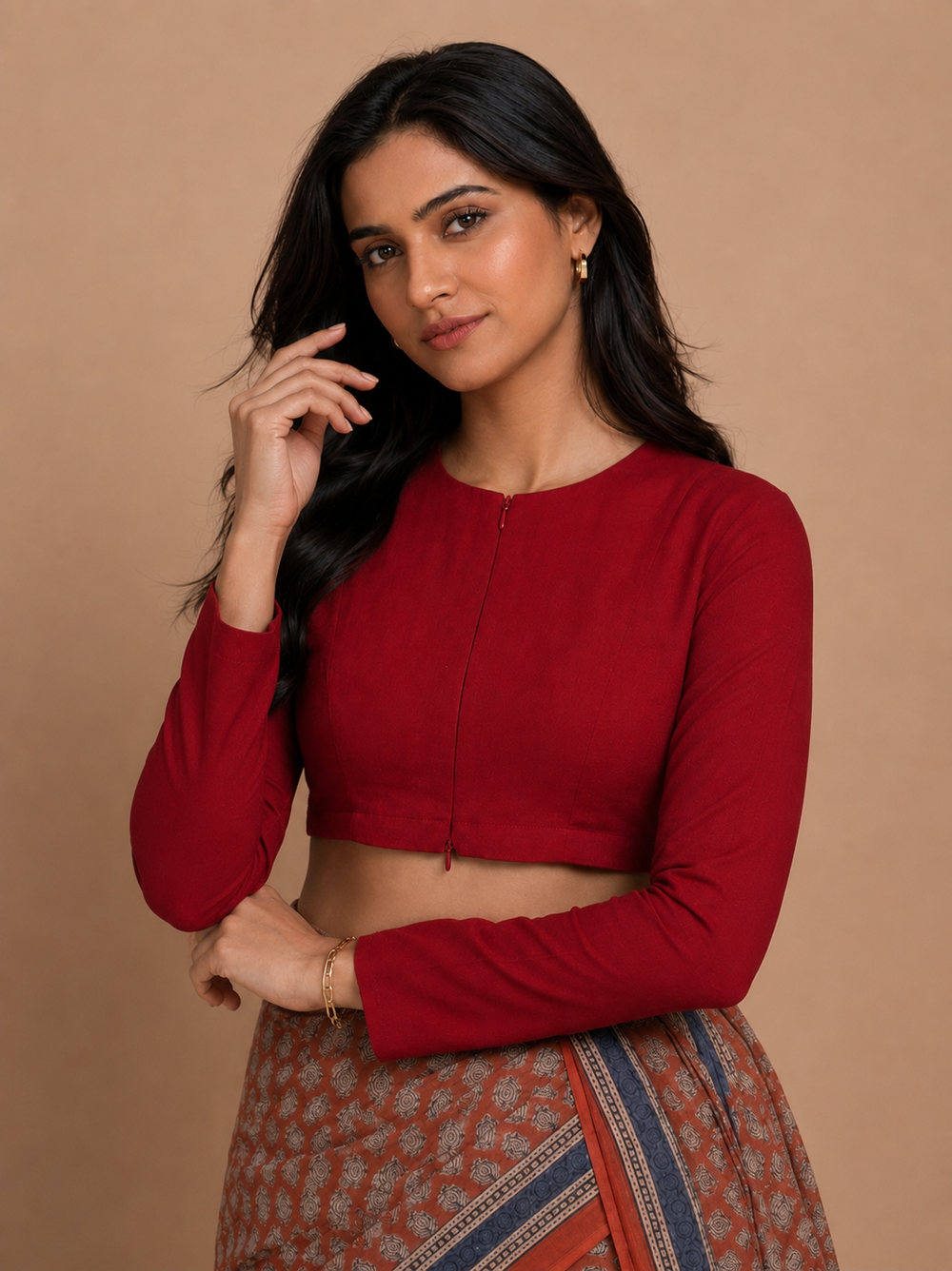 Viyanka | Jewel Neck Cherry Red Rayon Lycra StretchFit™ Saree Blouse