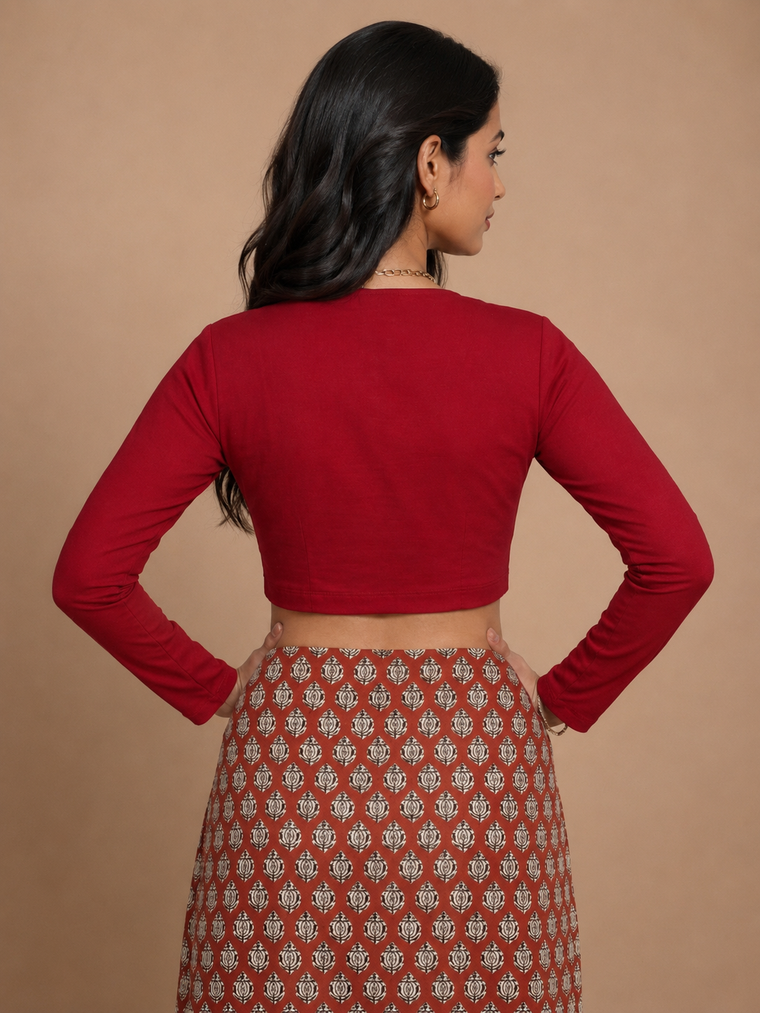 Viyanka | Jewel Neck Cherry Red Rayon Lycra StretchFit™ Saree Blouse