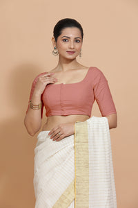 Vritika x Rozaana | Scoop Neck Soft Peach Plain Cotton Saree Blouse