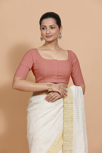 Vritika x Rozaana | Scoop Neck Soft Peach Plain Cotton Saree Blouse