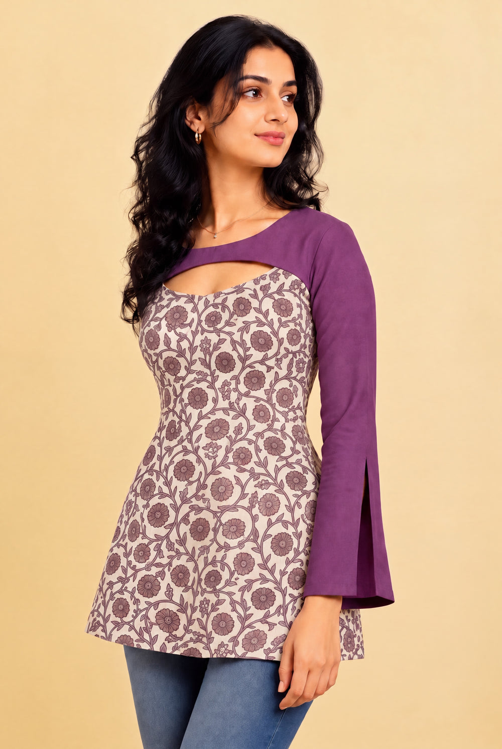 Vynaika | Full Sleeve Purple Floral Vine Cotton Block Print SculptFit™ Short Kurti