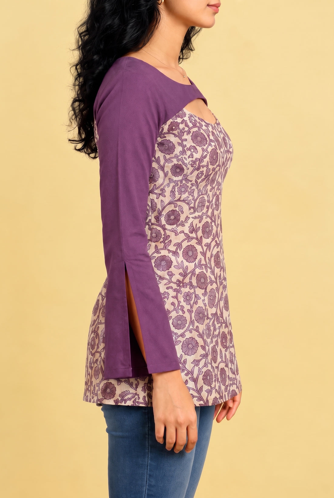 Vynaika | Full Sleeve Purple Floral Vine Cotton Block Print SculptFit™ Short Kurti