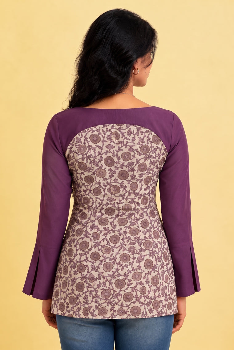 Vynaika | Full Sleeve Purple Floral Vine Cotton Block Print SculptFit™ Short Kurti