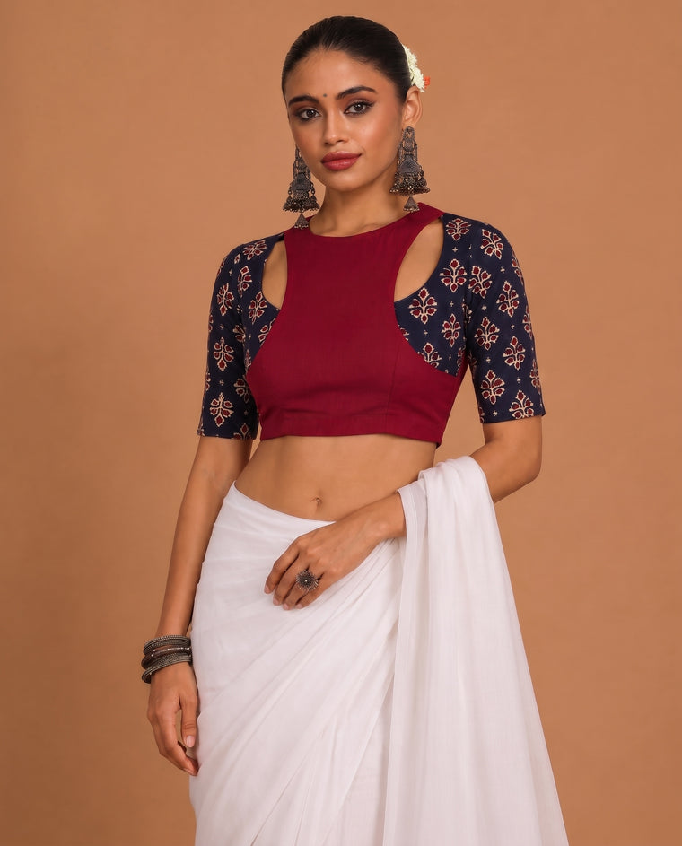 Yamini | Elbow Sleeve Blue Floral Butta cotton SculptFit™ Saree Blouse