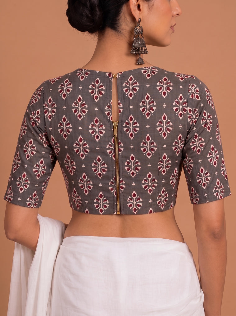 Yamini | Elbow Sleeve Grey Floral Butta cotton SculptFit™ Saree Blouse