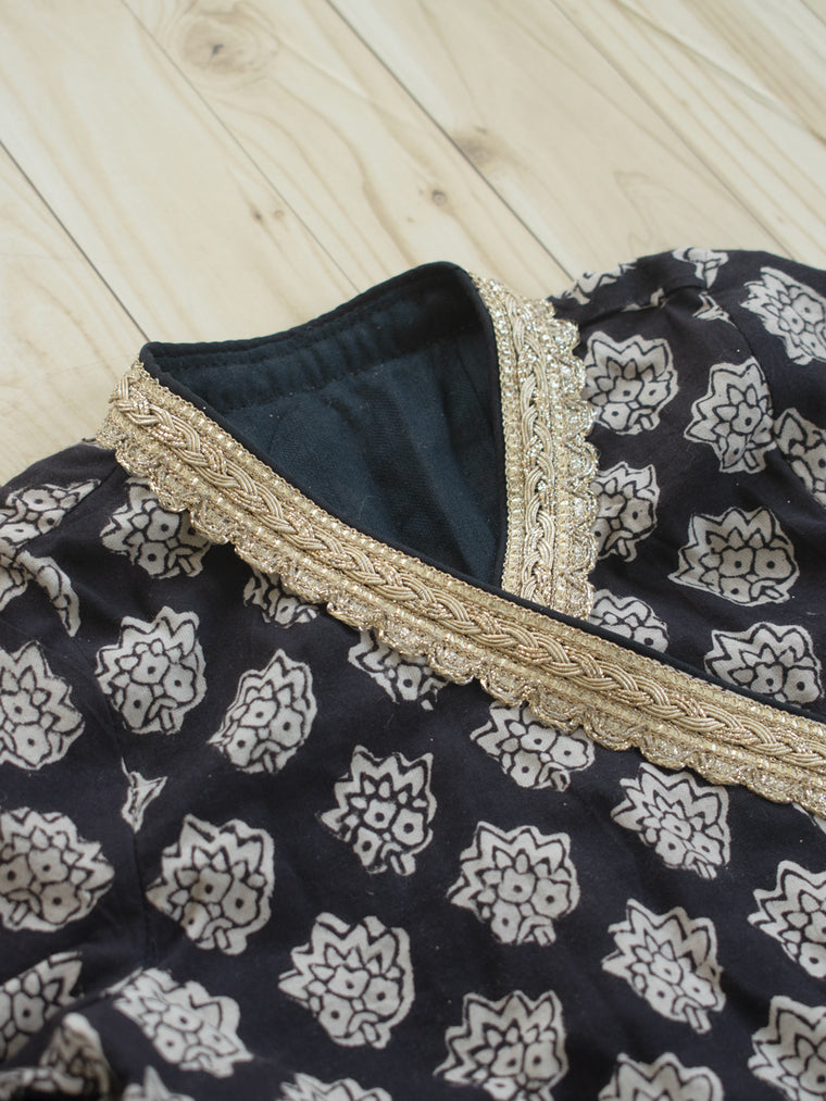 Zara x Tyohaar | Angrakha-Sharara Set in Black Floral Block Print Cotton