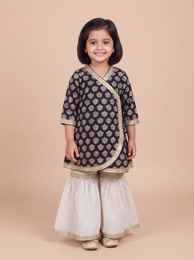 Zara x Tyohaar | Angrakha-Sharara Set in Black Floral Block Print Cotton