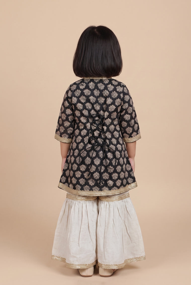 Zara x Tyohaar | Angrakha-Sharara Set in Black Floral Block Print Cotton