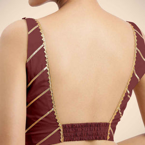  Zeba x Tyohaar | Burgundy Sleeveless FlexiFit™ Saree Blouse with Square Neck with Gota Lace and Deep Back_4