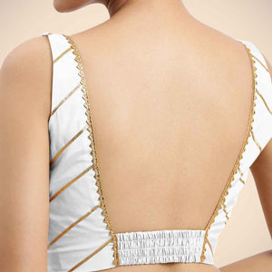 Zeba x Tyohaar | Pearl White Sleeveless FlexiFit™ Saree Blouse with Square Neck with Gota Lace and Deep Back - Binks  