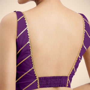  Zeba x Tyohaar | Purple Sleeveless FlexiFit™ Saree Blouse with Square Neck with Gota Lace and Deep Back_6